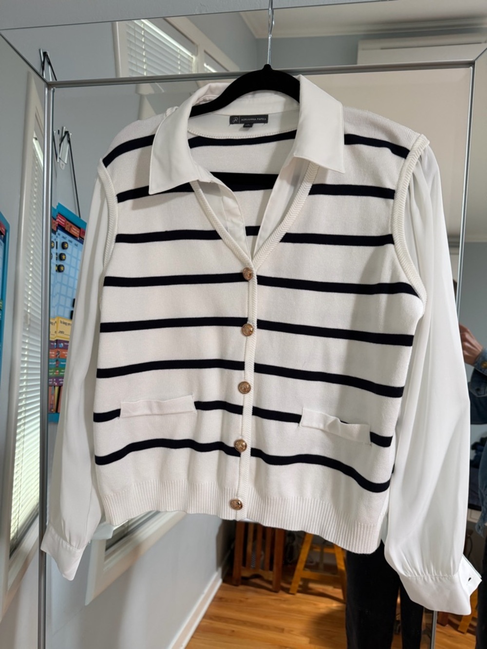 Adrianna Papell White Sweater Vest  blouse with Black Stripes 2 in 1